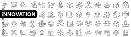 Innovation 52 icon set. Creativity innovation icons. Light bulb, inspiration, creative business, creative idea, team management, solution, brainstorming, invention and more. Innovation symbol. Vector 