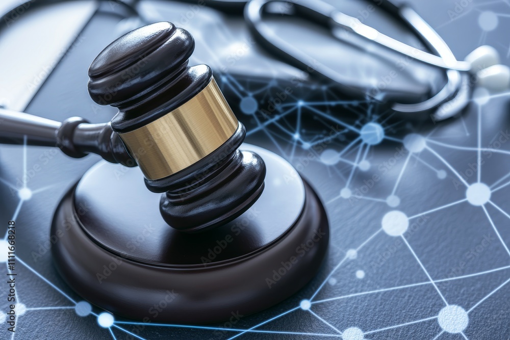 Stethoscope with gavel. Gavel on a digital background symbolizing law and health. Stethoscope with gavel. Gavel on a digital background symbolizing law and health.
