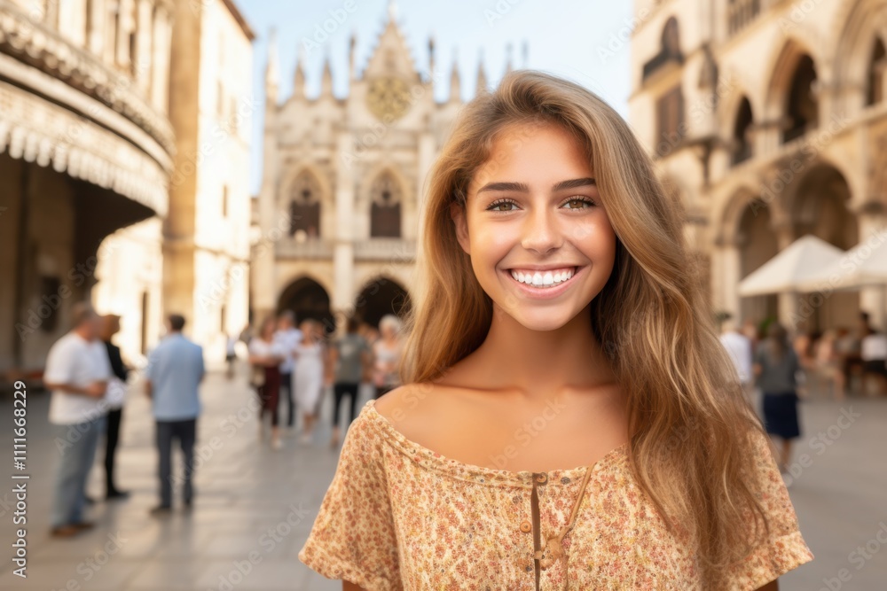 A woman with long blonde hair is smiling in front of a building A woman with long blonde hair is smiling in front of a building