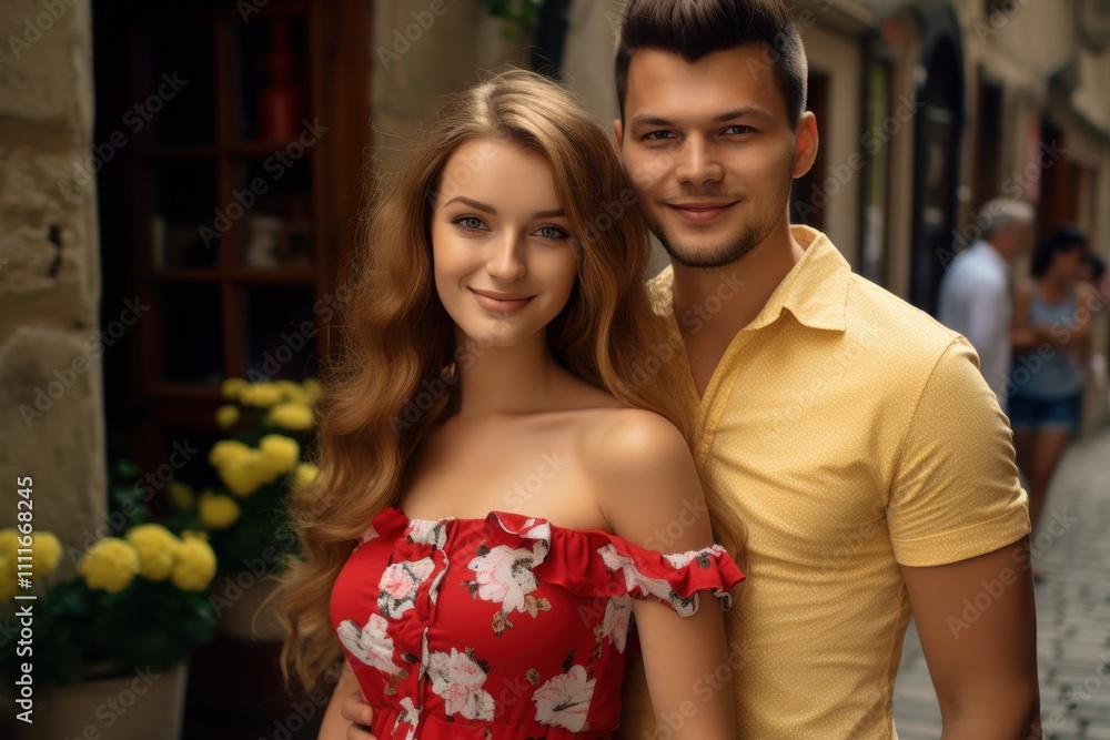 A young man and woman are posing for a picture on a street A young man and woman are posing for a picture on a street