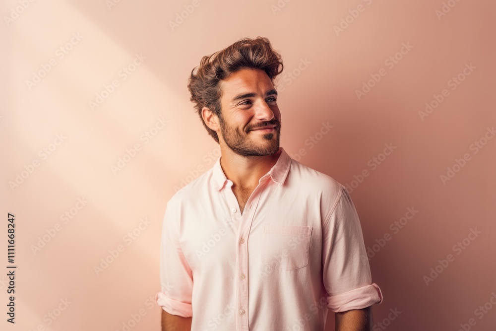 A man in a pink shirt is smiling and looking at the camera A man in a pink shirt is smiling and looking at the camera