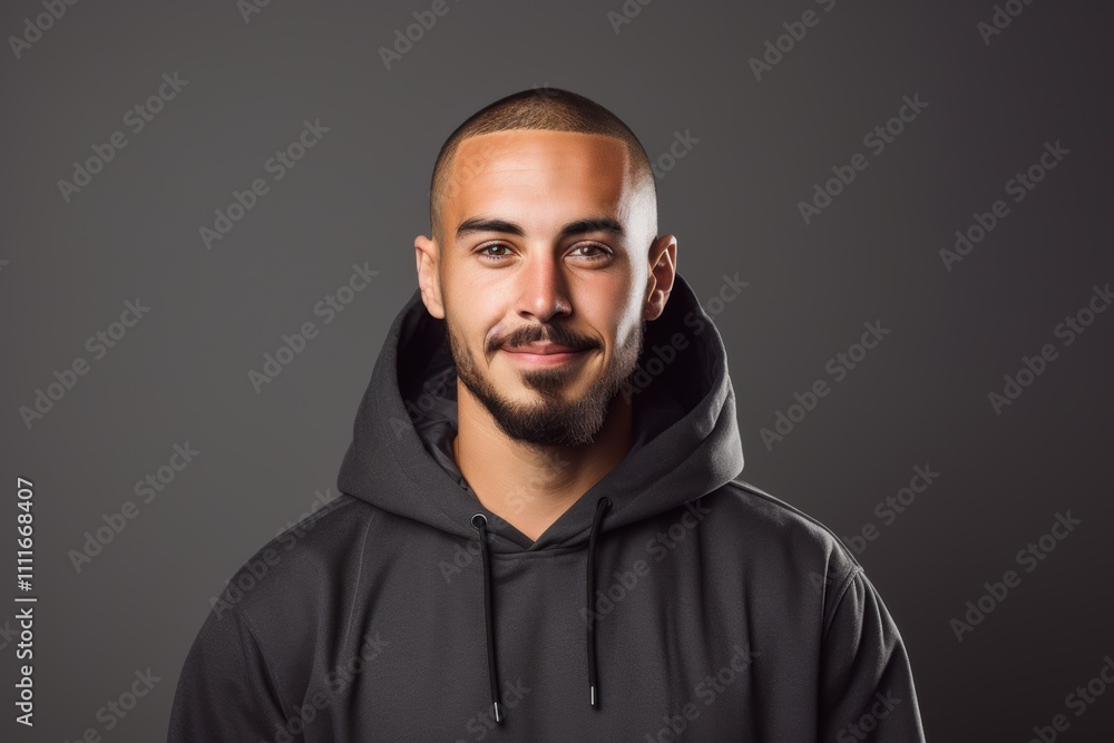 A man with a shaved head and a beard is wearing a black hoodie and smiling A man with a shaved head and a beard is wearing a black hoodie and smiling