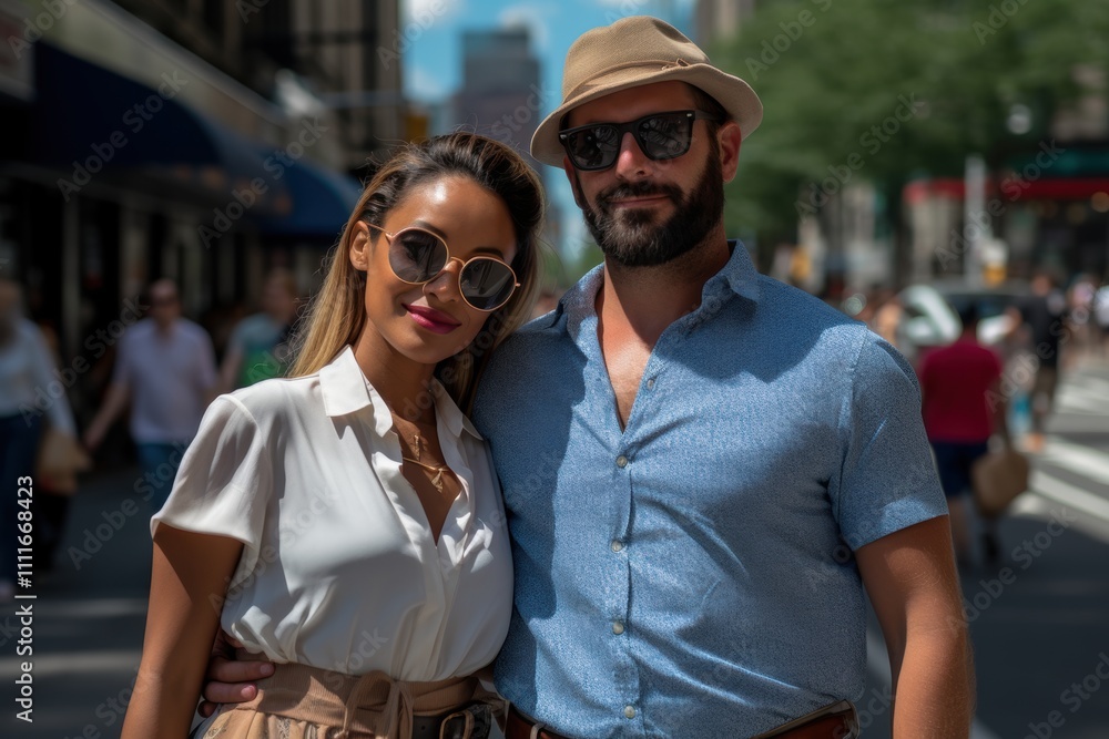 A man and woman are posing for a picture on a city street A man and woman are posing for a picture on a city street