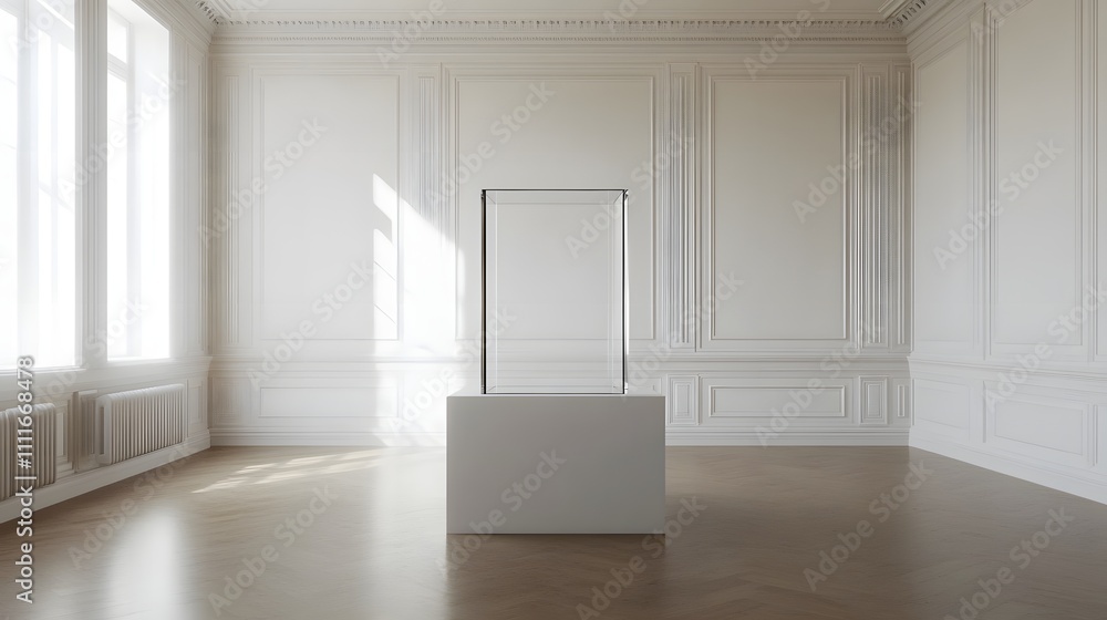 A simple, transparent podium in a clean, spacious room with bright, natural lighting and white walls, offering an ideal space for showcasing a small, high-end product A simple, transparent podium in a clean, spacious room with bright, natural lighting and white walls, offering an ideal space for showcasing a small, high-end product