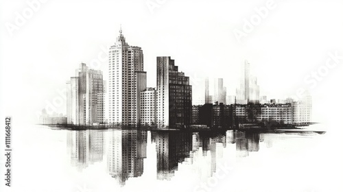 Monochrome cityscape reflection.