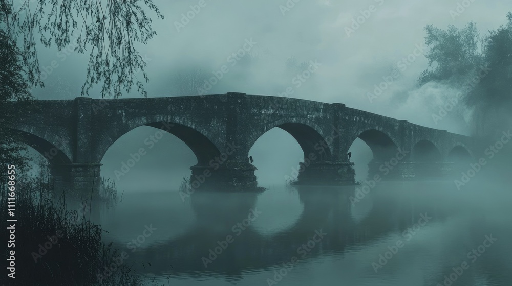 Fototapeta premium A foggy bridge stretches over calm waters, shrouded in mist, creating an atmosphere of mystery and intrigue