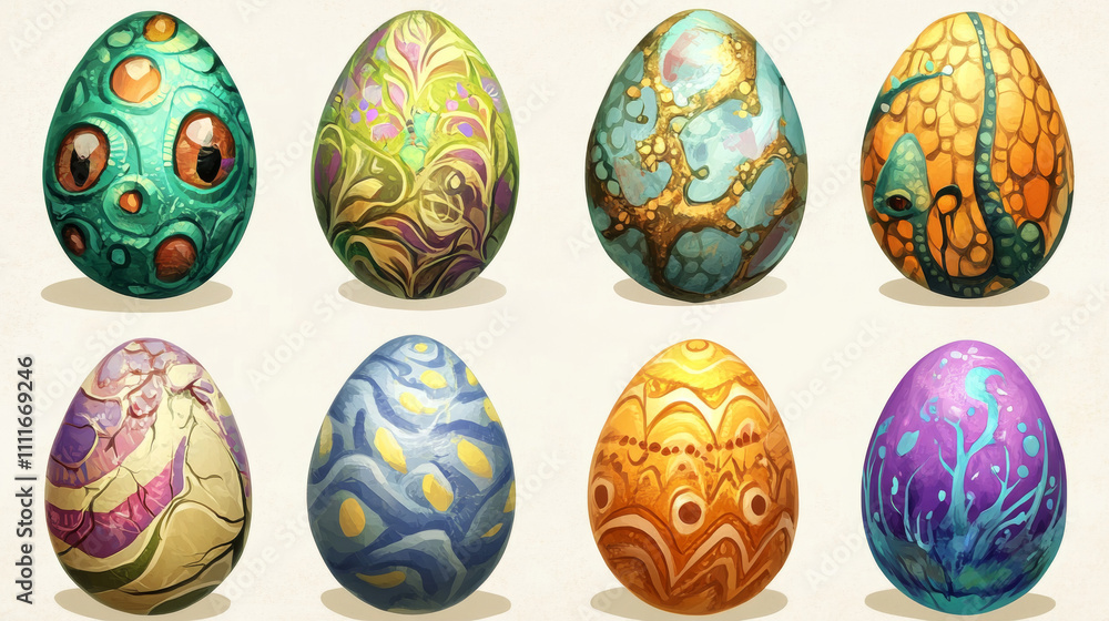 Cartoon dragon eggs with different eggshell textures isolated set, Fairy tale ui game assets, strange dinosaurs, reptiles, birds, monsters or Easter colorful ovum design elements, Vector illustration Cartoon dragon eggs with different eggshell textures isolated set, Fairy tale ui game assets, strange dinosaurs, reptiles, birds, monsters or Easter colorful ovum design elements, Vector illustration