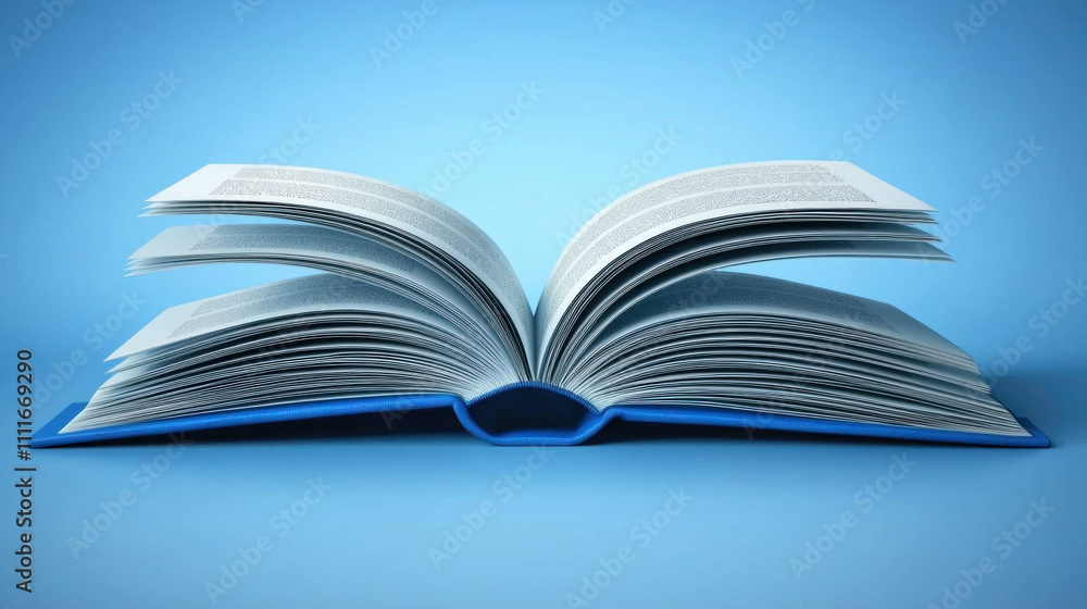 Open blue book with fanned pages on blue background. Open blue book with fanned pages on blue background.