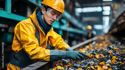 Worker sorting materials in a recycling facility, emphasizing waste management efforts.