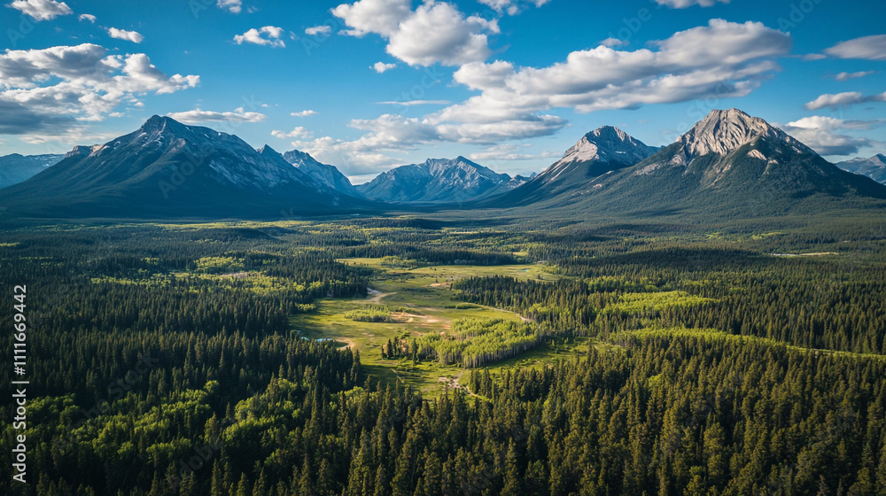 Fototapeta premium Majestic mountain landscape showcasing lush forests and rolling hills under a bright sky