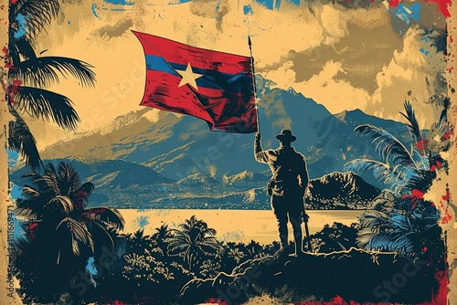​Haitian Independence Day. Vintage illustration of a revolutionary holding a flag in a rugged landscape.