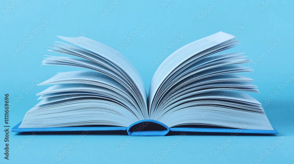 Open book with fanned pages on light blue background. Open book with fanned pages on light blue background.
