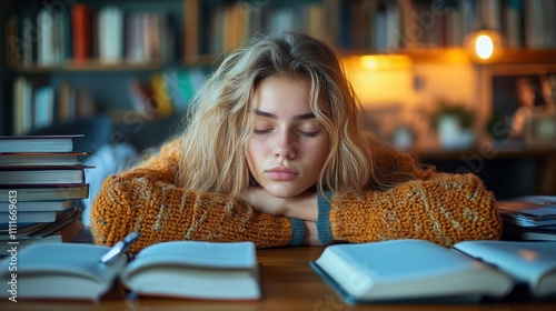 A young woman resting her head on books in a cozy study environment.