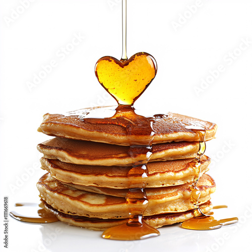 A stack of fluffy pancakes drizzled with golden syrup, topped with a heart-shaped syrup design, creating a delightful breakfast treat. photo