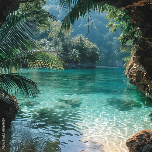 Secluded tropical cove viewed from a cave, showcasing crystal-clear turquoise water, lush greenery, and palm trees. photo