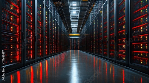 A corridor in a data center lined with server racks illuminated by lights.