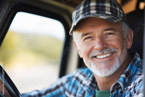 Smiling man driving a truck in a rural landscape