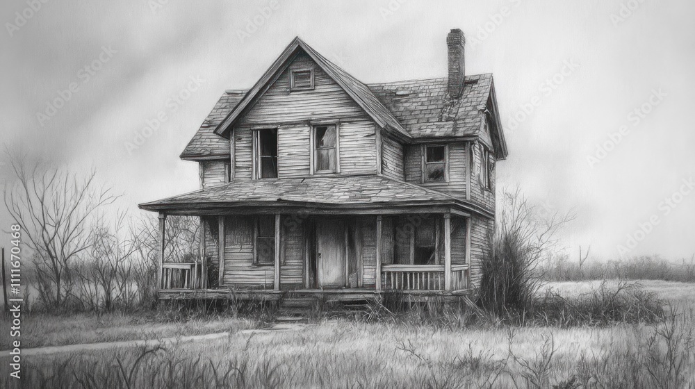 A detailed pencil drawing of an old, abandoned house. A detailed pencil drawing of an old, abandoned house.