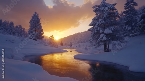 Enchanting winter sunrise over a snow covered landscape  a serene morning in nature s embrace