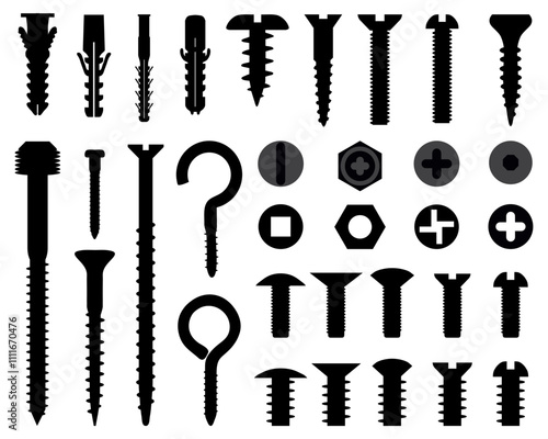 Black silhouettes of  wall plugs, bolts, nuts and screws