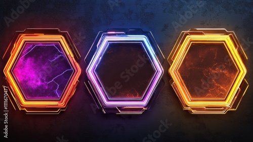 Neon frames, light banners hexagon shape. Abstract electric sign borders with glow effect for night club or casino. Futuristic digital frames with gradient colors lines, vector realistic set