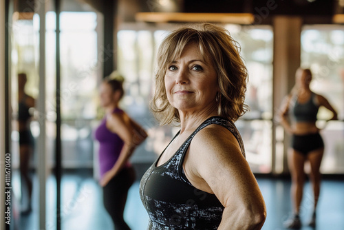 Confident woman modeling in a fitness studio setting