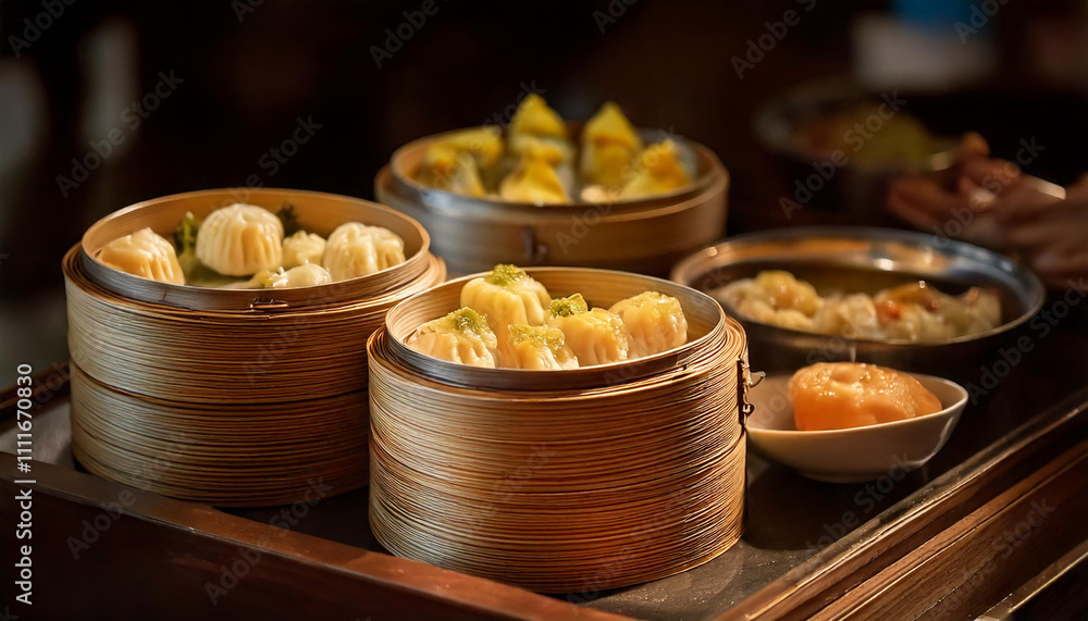Bite-Sized Dim Sum Served in Traditional Steamer Baskets - Close-Up Bite-Sized Dim Sum Served in Traditional Steamer Baskets - Close-Up