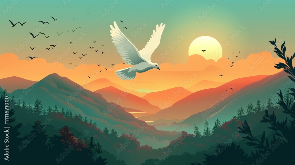 Naklejka premium World Day of Peace. A serene depiction of white doves soaring across a vibrant sunrise, symbolizing peace and hope.
