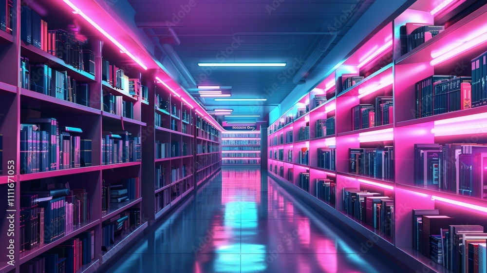 Public Domain Day. Neon-lit modern library with shelves of books stretching endlessly. Public Domain Day. Neon-lit modern library with shelves of books stretching endlessly.
