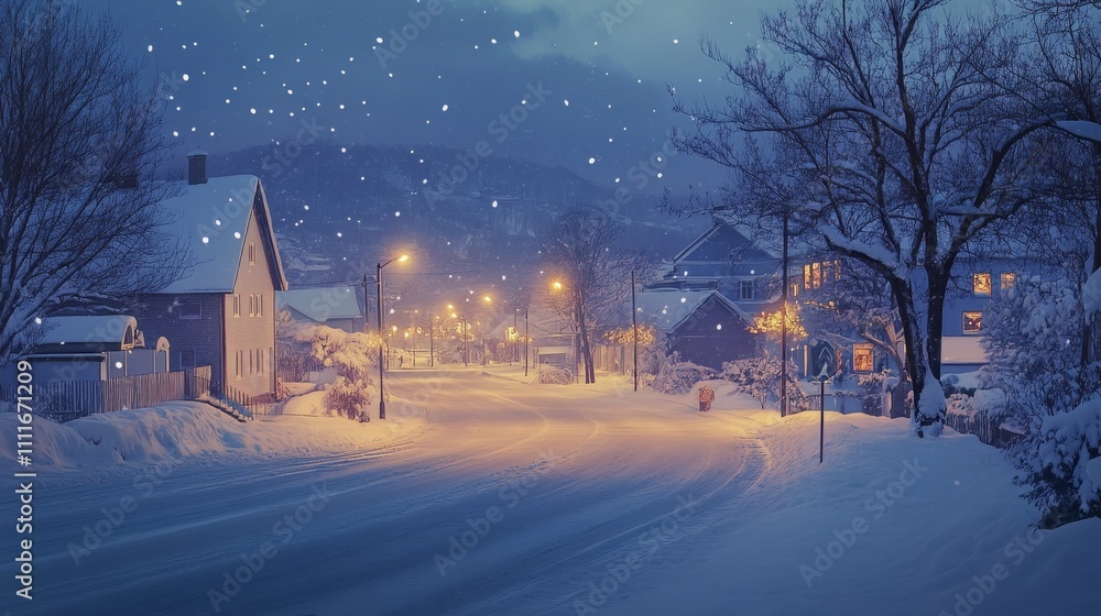 Enchanting winter dusk in a small town  twinkling lights and snow covered streets at blue hour