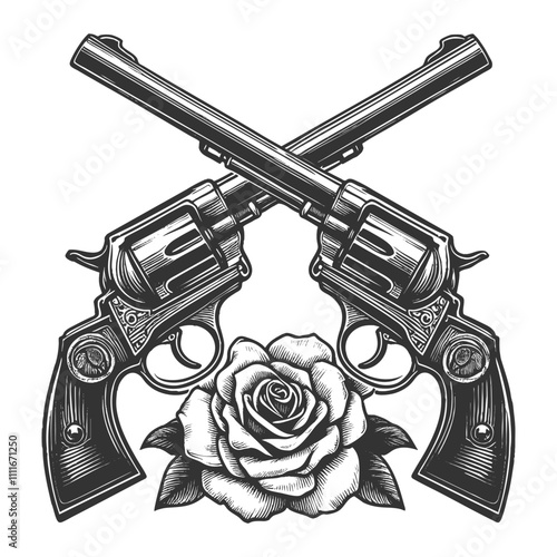 crossed revolvers with rose. Tattoo design blending classic weaponry and floral motifs sketch engraving generative ai vector illustration. Scratch board imitation. Black and white image.