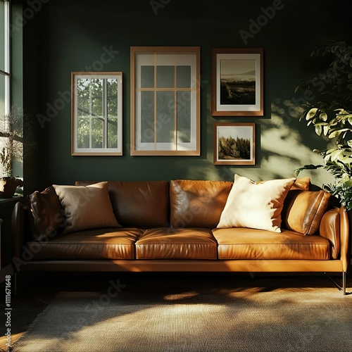 living room in modest house with dark sage walls and brown leather couch, there are windows on the walls above the couch and small gallery art style wall hangings, 10ft ceiling photo