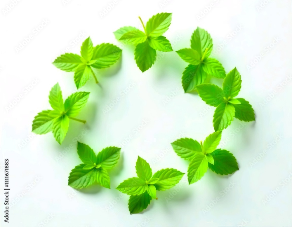 Green mint leaves against a white background Green mint leaves against a white background