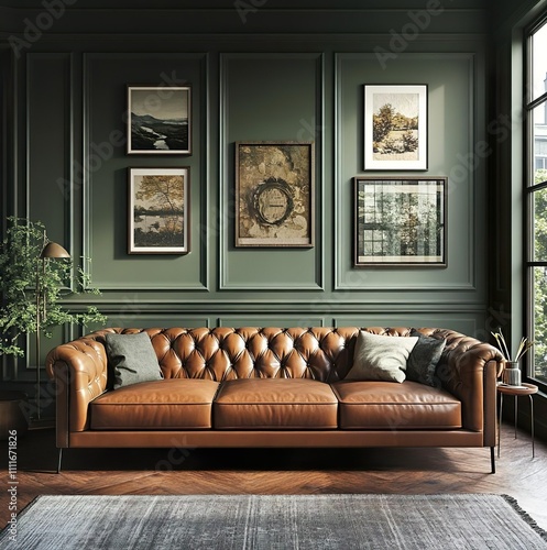 living room in modest house with dark sage walls and brown leather couch, there are windows on the walls above the couch and small gallery art style wall hangings, 10ft ceiling photo