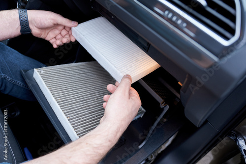 Car air filter in auto repair shop. Auto service industry. Automotive background photo