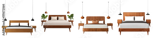 Mid century modern bedroom featuring wooden bed frames, stylish decor, and elegant lighting. serene and inviting atmosphere perfect for relaxation