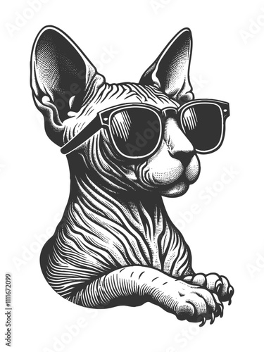 Sphynx cat confidently wearing sunglasses, exuding coolness and attitude sketch engraving generative ai vector illustration. Scratch board imitation. Black and white image.