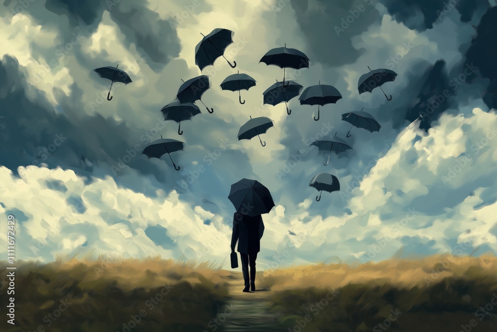 Businessman holding umbrella under floating umbrellas in stormy sky