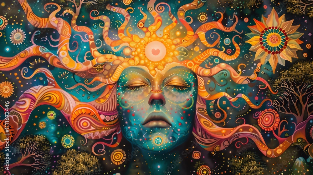 Serene woman with cosmic hair, adorned with vibrant swirls and celestial elements. Serene woman with cosmic hair, adorned with vibrant swirls and celestial elements.