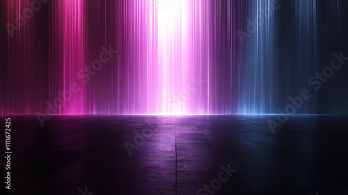 A vibrant display of colorful light beams creates a modern  abstract background with a smooth  dark surface below.