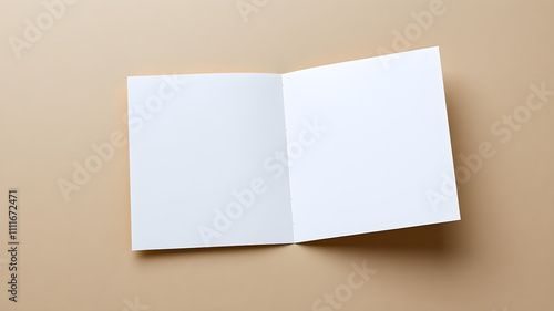 A blank folded brochure mockup open on a textured paper backdrop, soft natural shadows, crisp and vivid 8K resolution.