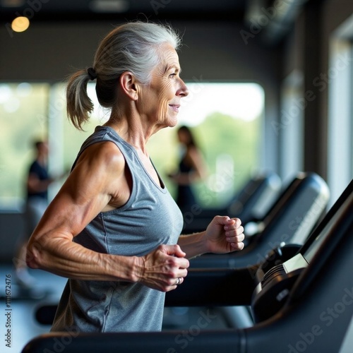 An elderly woman with gray hair is running on a treadmill. Training in the gym. An active lifestyle of the elderly. Cardio workouts for older people. photo