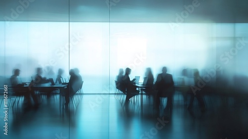 Blurred Modern Office Meeting Room with Focused Business Professionals Working on Laptops