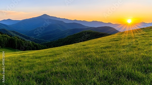 Serene Sunset Over Rolling Hills and Mountains