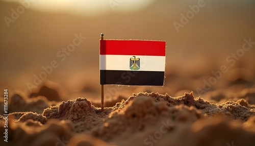 Egypt flag in soil miniature macro photo 