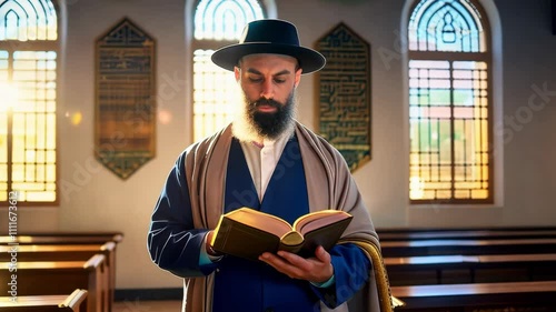 Man in traditional Jewish attire reading a book in a brightly lit synagogue. 4k Video footage photo