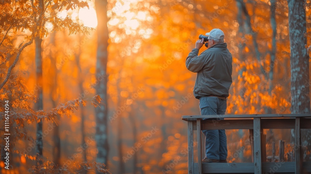 A person enjoying nature, capturing the sunset with a camera amidst autumn foliage. A person enjoying nature, capturing the sunset with a camera amidst autumn foliage.