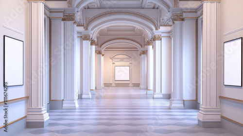 Arches in wall with columns and illuminated blank signboards  curved interior gates with white pillars and empty banners in art gallery or museum  archway classic frames  Realistic 3d vector mock up