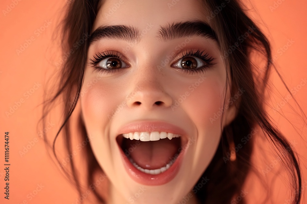 Closeup Portrait of Ecstatic Young Woman with Toothy Smile on Vibrant Orange Background Closeup Portrait of Ecstatic Young Woman with Toothy Smile on Vibrant Orange Background