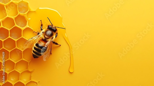 Close up View of a Honeybee Approaching a Dripping Honeycomb on a Vibrant Yellow Background photo